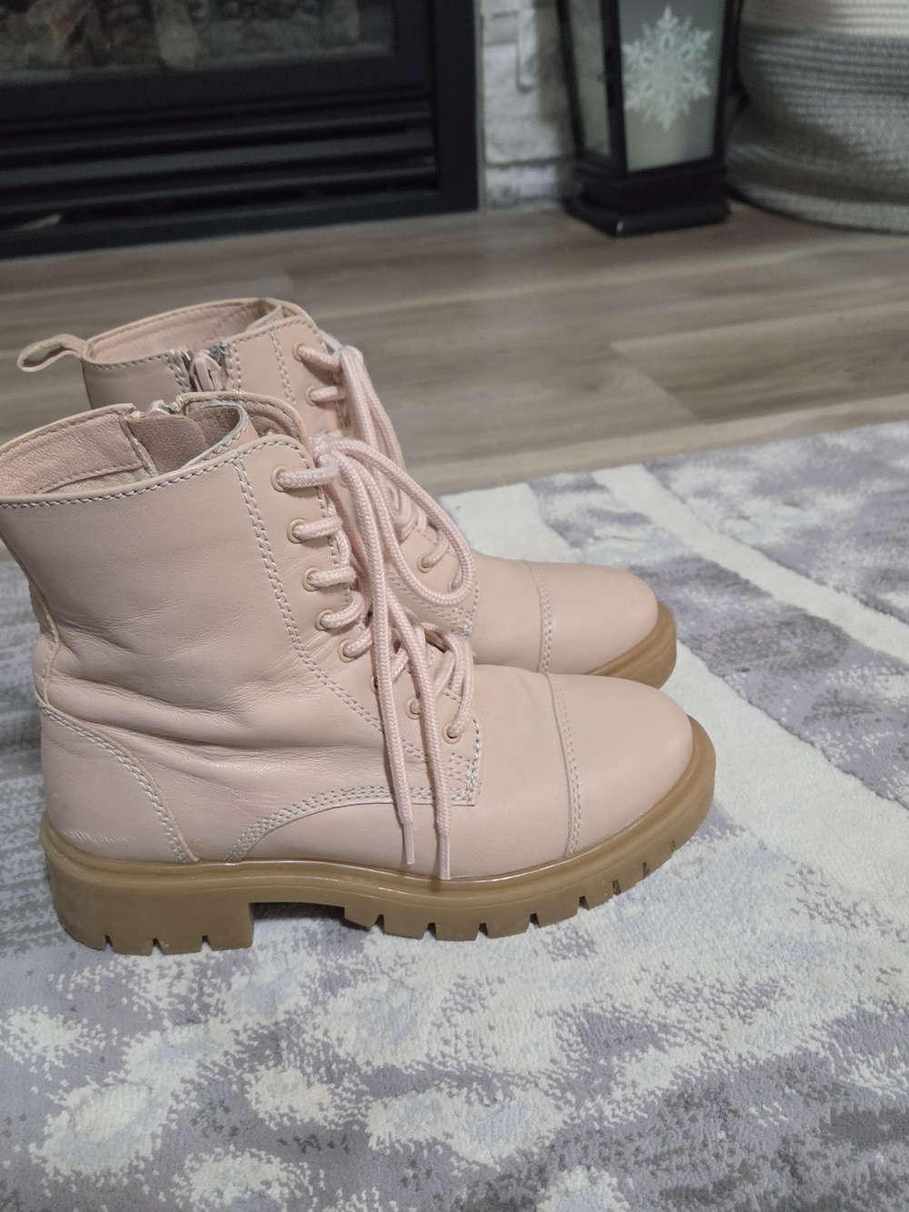 Aldo Women's Genuine Leather Blush Pink Combat Boots with Chunky Tan Sole